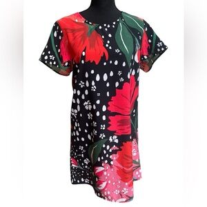 MINKPINK Black and Red Floral Shift Mini Dress With Polka Dots Short Sleeve Sz S